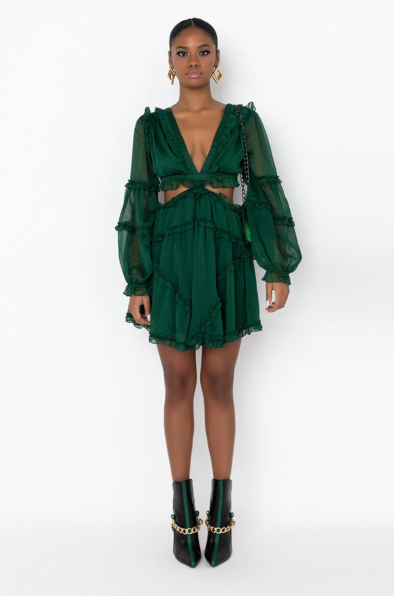 COCKTAIL HOUR CHIFFON MINI DRESS HUNTER GREEN