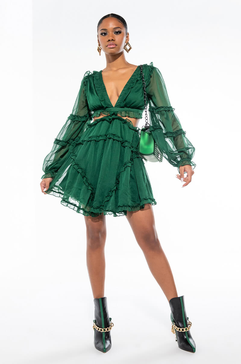 COCKTAIL HOUR CHIFFON MINI DRESS HUNTER GREEN