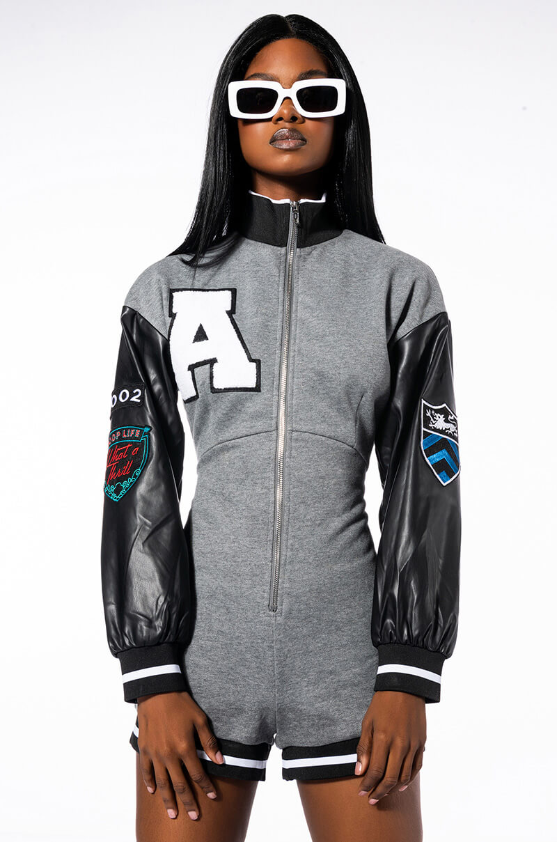 COLLEGIATE TEAM CAPTAIN LONG SLEEVE ZIPPERED MOCK NECK ROMPER