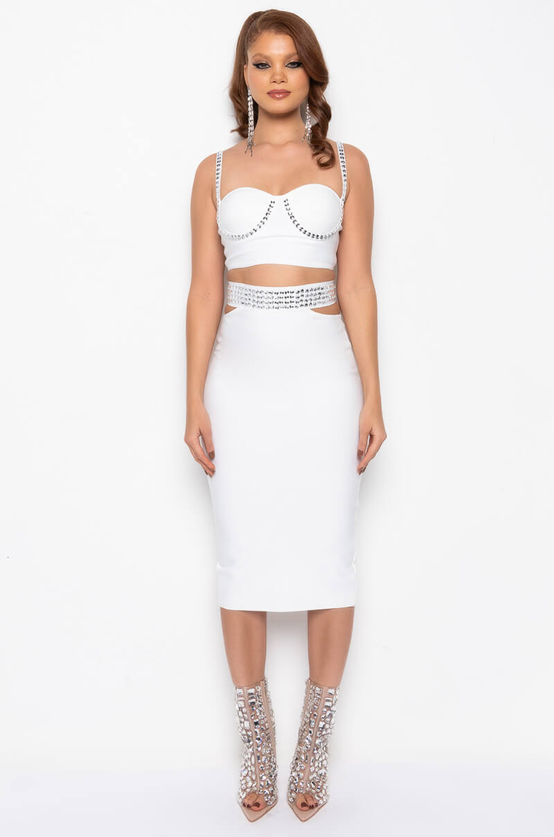 COME GET IT RHINESTONE BANDAGE CROP TOP WHITE