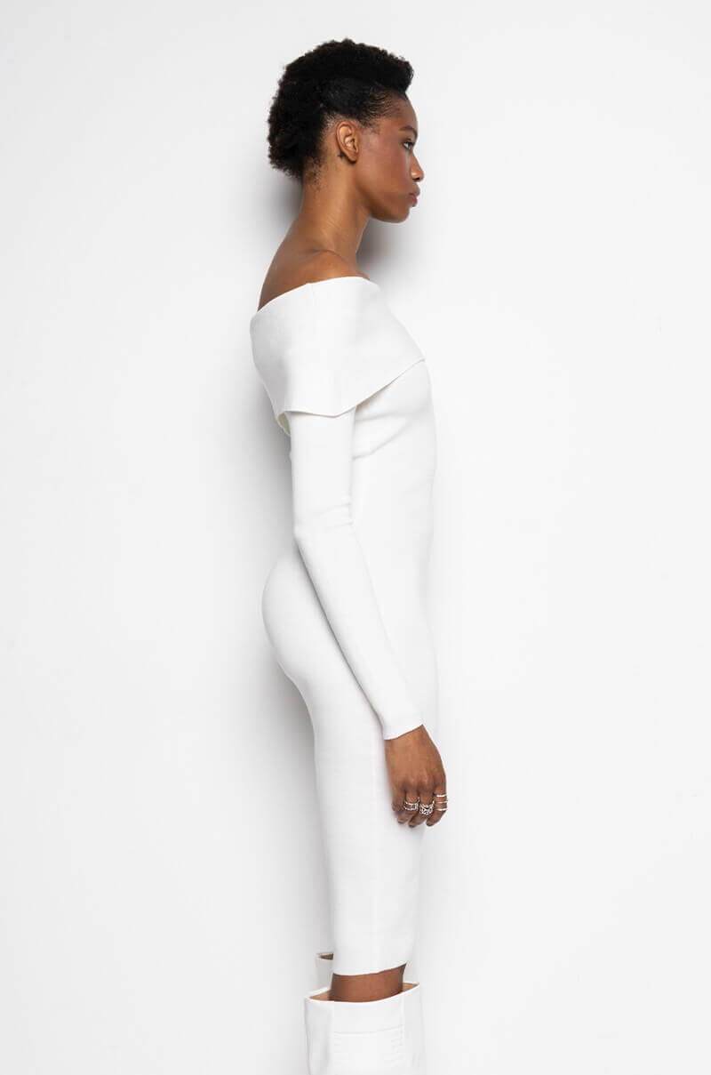 COZY AF PLUSH OFF THE SHOULDER MIDI SWEATER DRESS IVORY