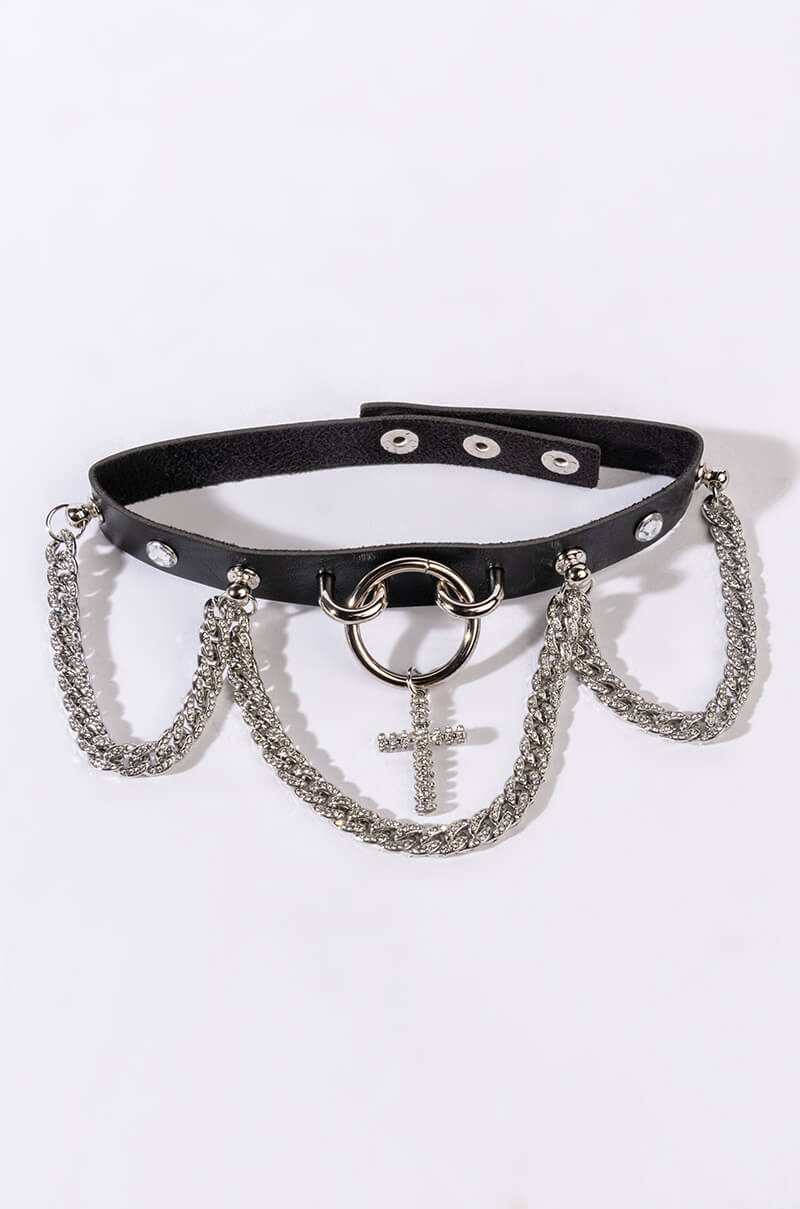 CROSS ME PU CHOKER WITH RHINESTONE CHAIN