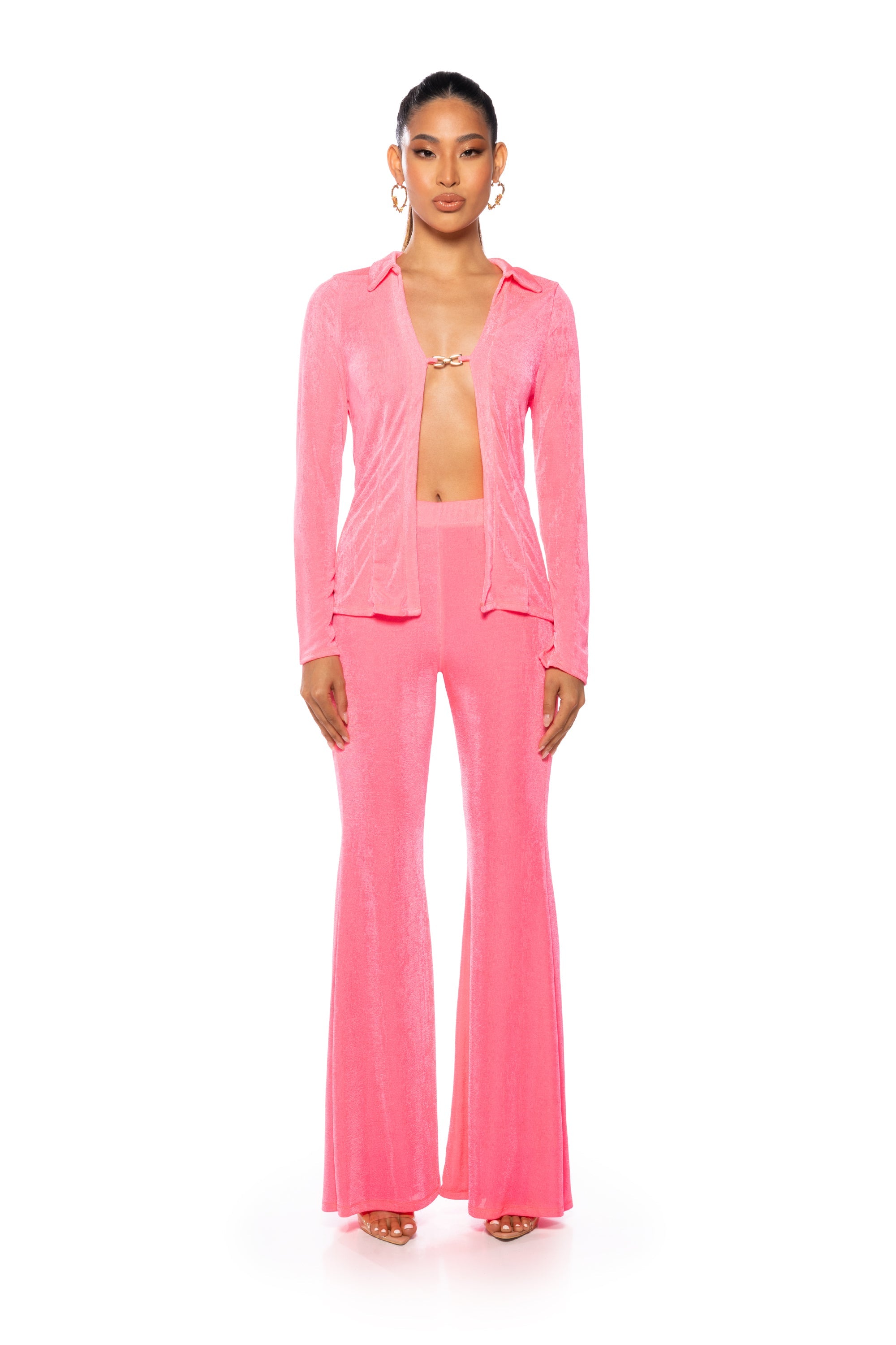 CYNTHIA SLINKY FLARED HIGH WAIST PANT IN PINK