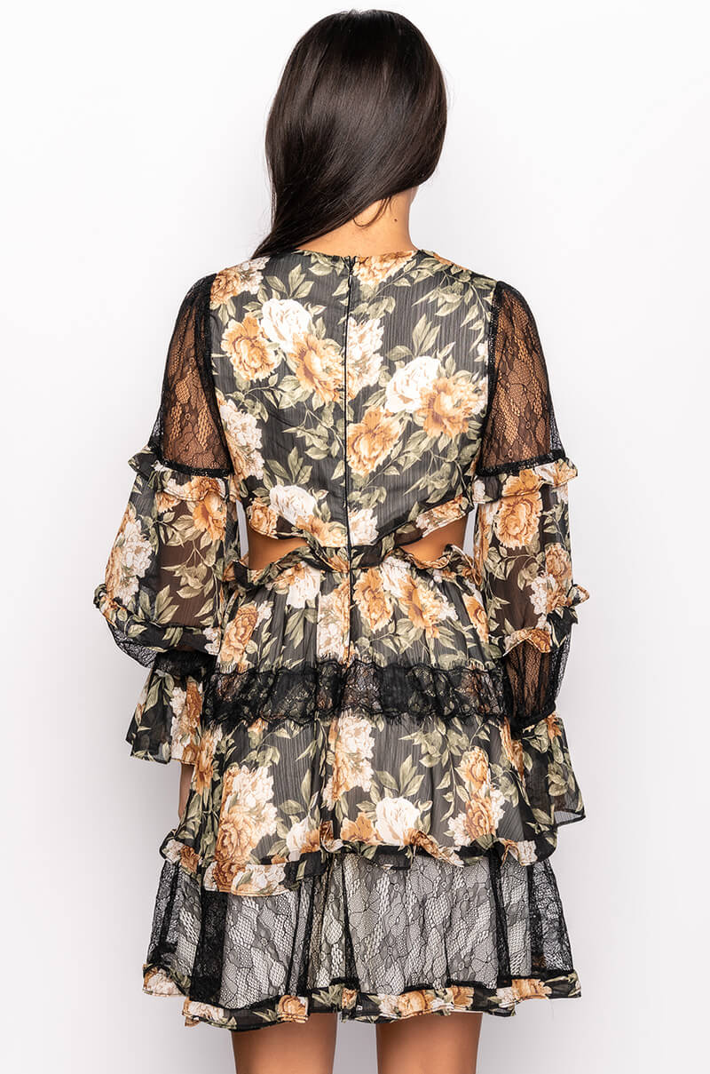DATE NIGHT MINI FLORAL DRESS WITH CUT OUTS