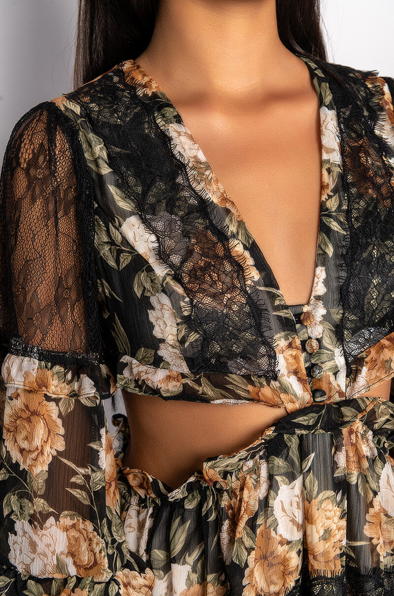 DATE NIGHT MINI FLORAL DRESS WITH CUT OUTS