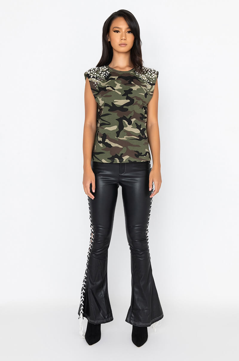 DIRTY LACE UP FAUX LEATHER FLARE PANT