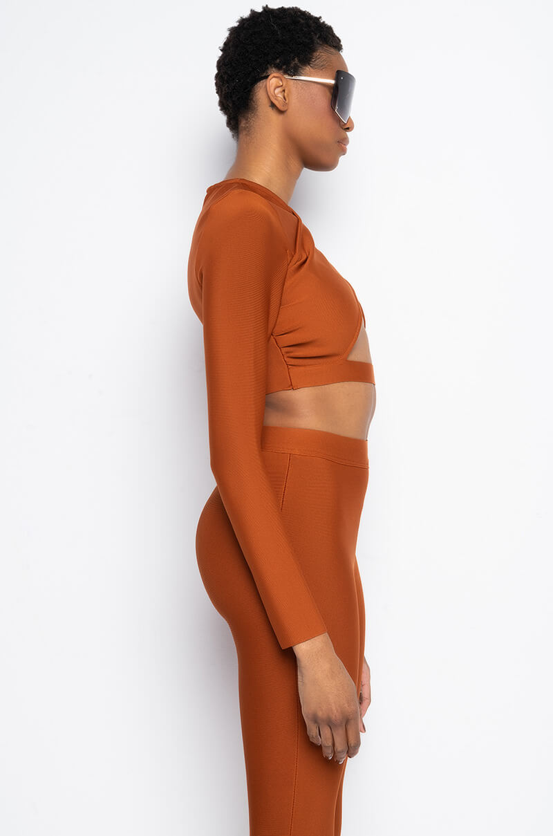 DRINKS ON YOU CUTOUT LONG SLEEVE BANDAGE TOP