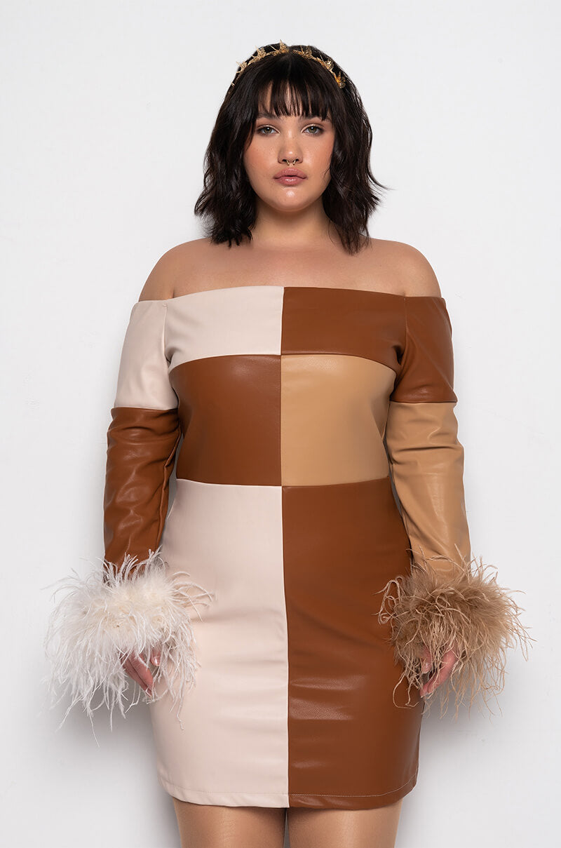 CHECK HER OUT REAL FEATHER PU MINI DRESS