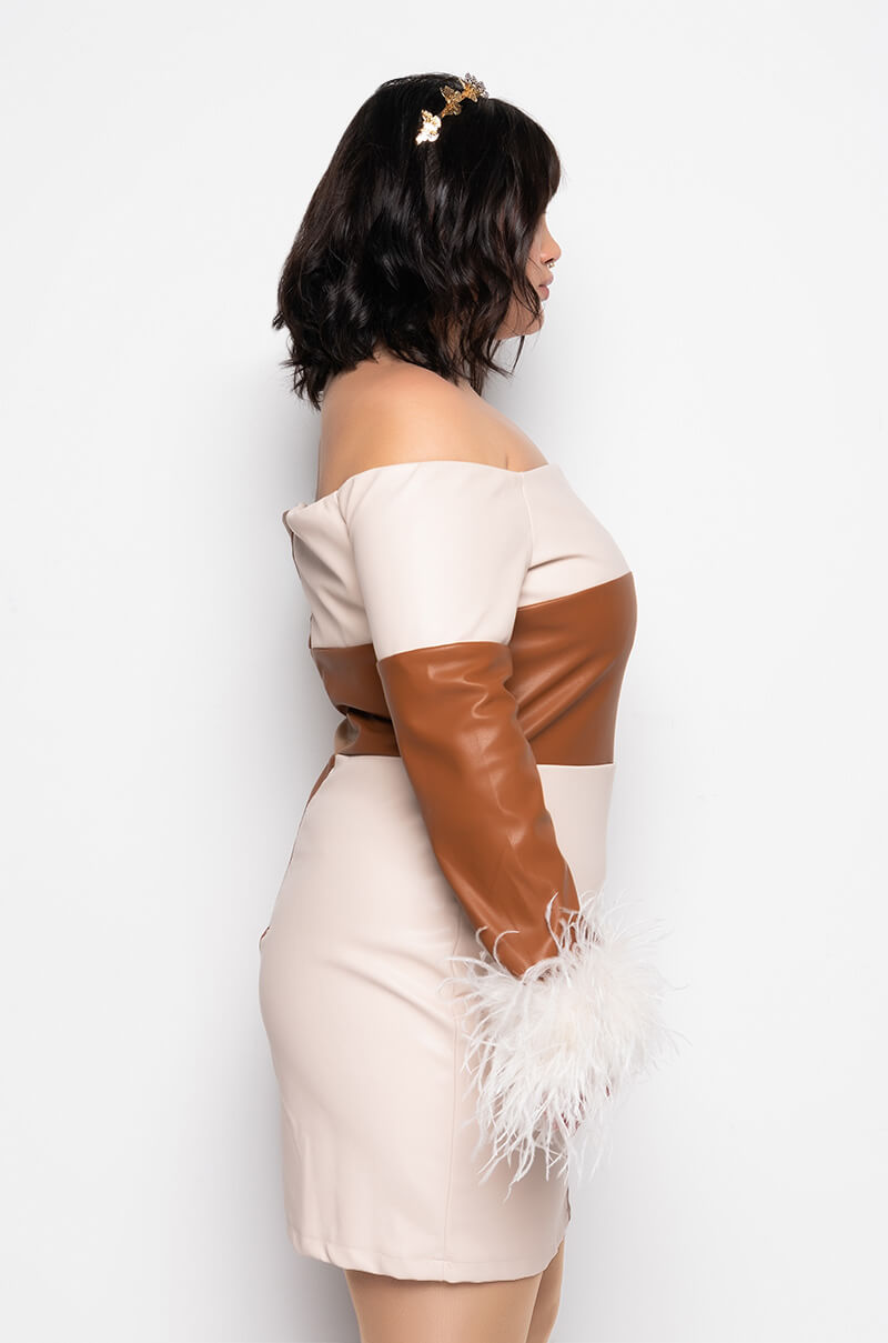 CHECK HER OUT REAL FEATHER PU MINI DRESS