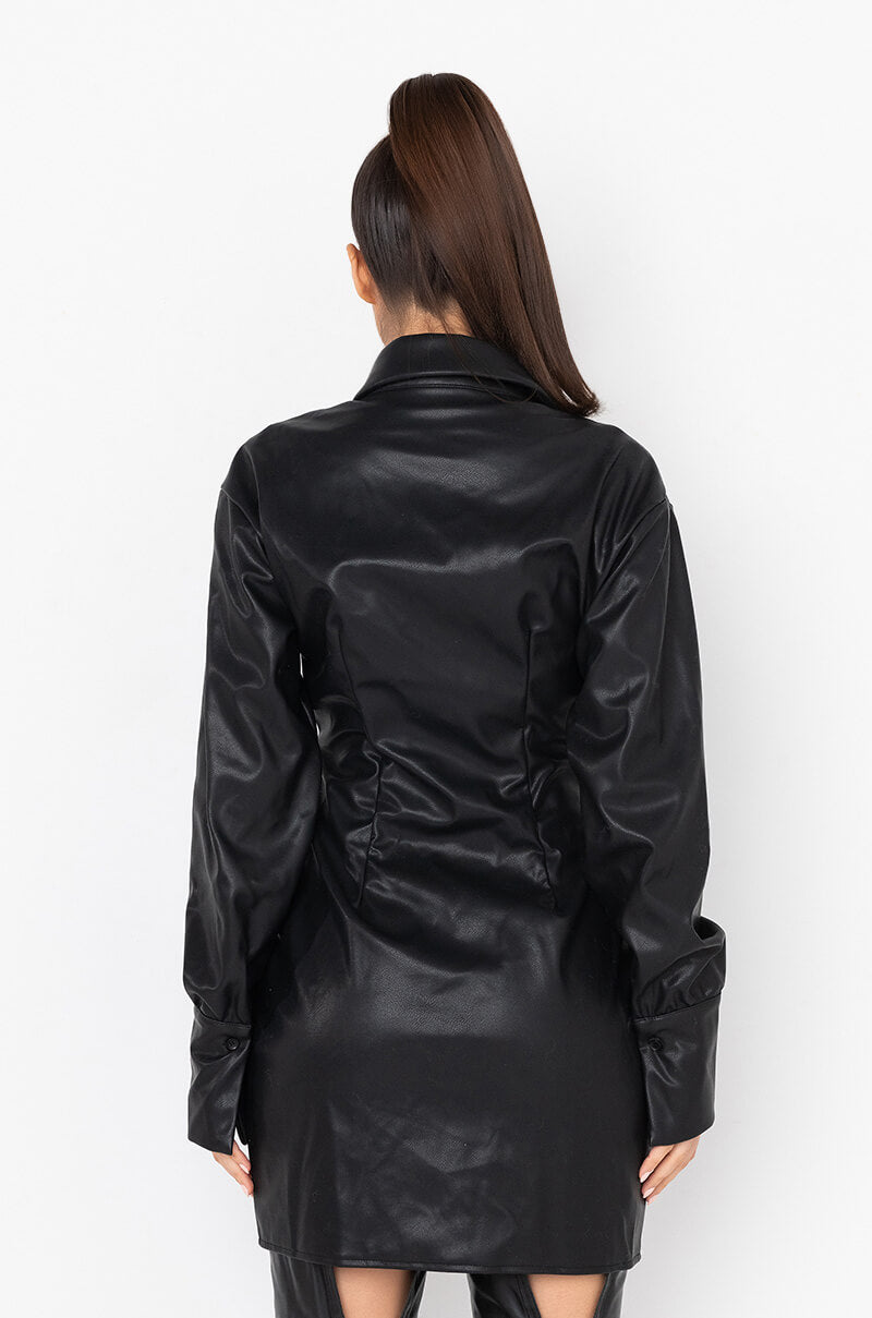 CUNTY BUTTON FRONT PU SHIRT DRESS BLACK