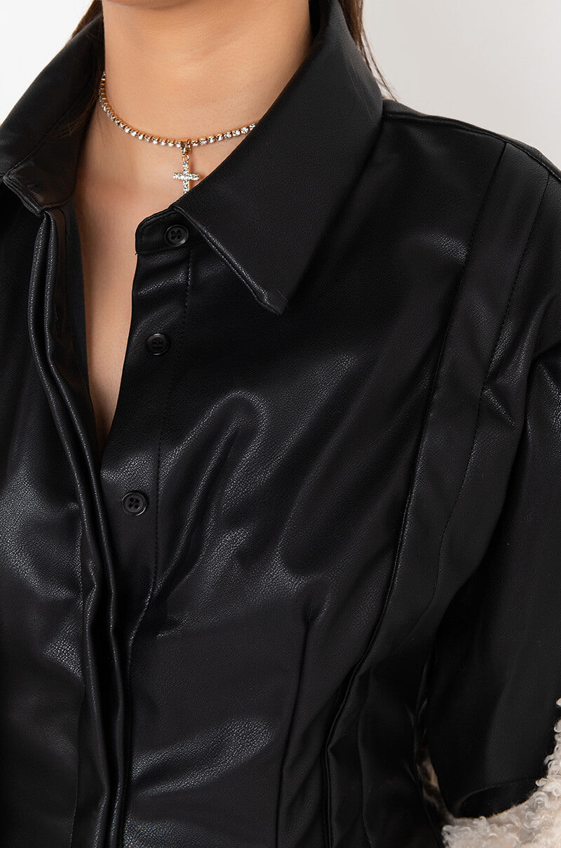 CUNTY BUTTON FRONT PU SHIRT DRESS BLACK