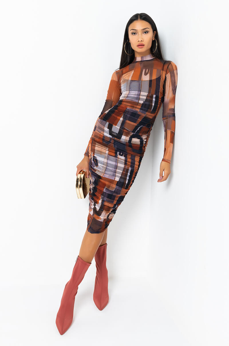 BREAK THE MOLD LONG SLEEVE RUCHED MESH MIDI DRESS rust